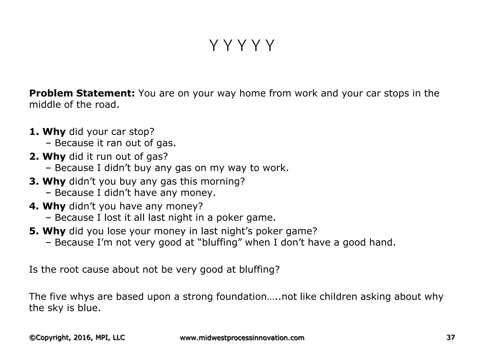 Y Y Y Y Y
Problem Statement: You are on your way home from work and your car stops in the
middle of the road.
1. Why did your car stop?
– Because it ran out of gas.
2. Why did it run out of gas?
– Because I didn’t buy any gas on my way to work.
3. Why didn’t you buy any gas this morning?
– Because I didn’t have any money.
4. Why didn’t you have any money?
– Because I lost it all last night in a poker game.
5. Why did you lose your money in last night’s poker game?
– Because I’m not very good at “bluffing” when I don’t have a good hand.
Is the root cause about not be very good at bluffing?
The five whys are based upon a strong foundation…..not like children asking about why
the sky is blue.
©Copyright, 2016, MPI, LLC www.midwestprocessinnovation.com 37
 