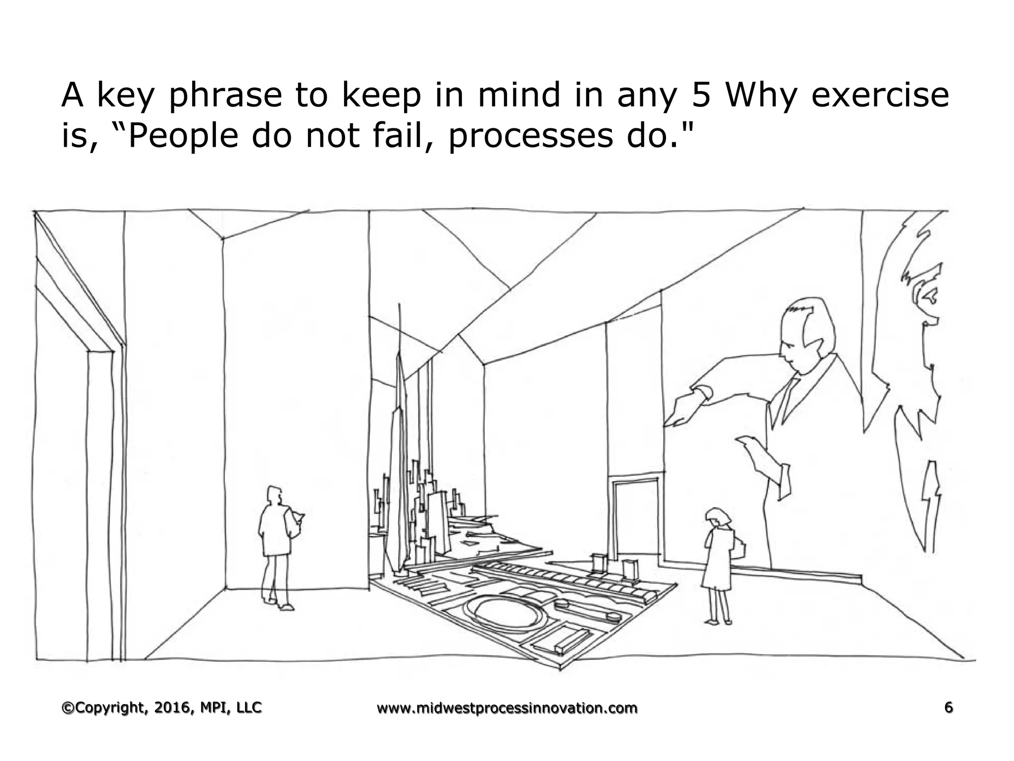A key phrase to keep in mind in any 5 Why exercise
is, “People do not fail, processes do."
©Copyright, 2016, MPI, LLC www.midwestprocessinnovation.com 6
 