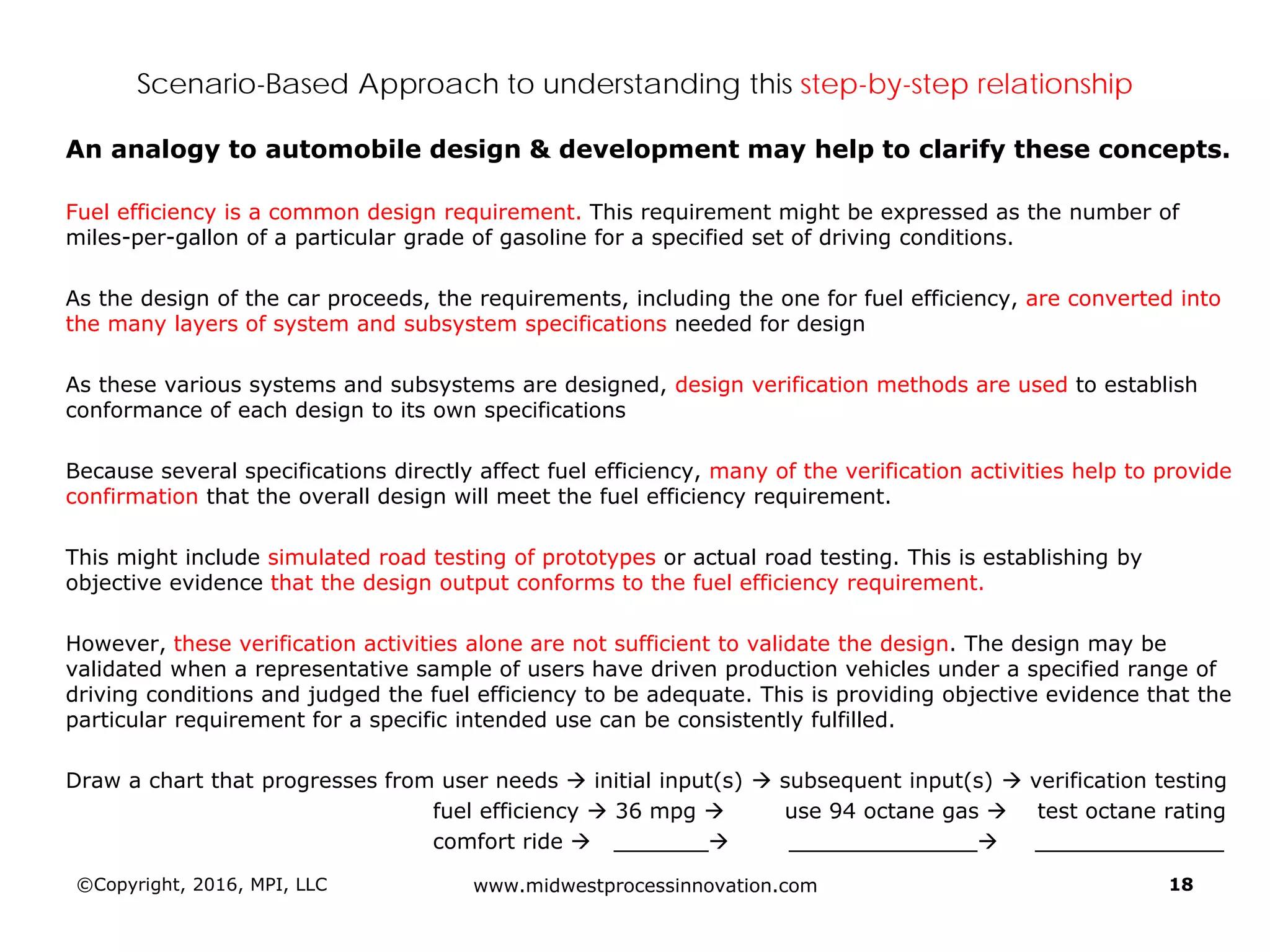 Scenario-Based Approach to understanding this step-by-step relationship
An analogy to automobile design & development may help to clarify these concepts.
Fuel efficiency is a common design requirement. This requirement might be expressed as the number of
miles-per-gallon of a particular grade of gasoline for a specified set of driving conditions.
As the design of the car proceeds, the requirements, including the one for fuel efficiency, are converted into
the many layers of system and subsystem specifications needed for design
As these various systems and subsystems are designed, design verification methods are used to establish
conformance of each design to its own specifications
Because several specifications directly affect fuel efficiency, many of the verification activities help to provide
confirmation that the overall design will meet the fuel efficiency requirement.
This might include simulated road testing of prototypes or actual road testing. This is establishing by
objective evidence that the design output conforms to the fuel efficiency requirement.
However, these verification activities alone are not sufficient to validate the design. The design may be
validated when a representative sample of users have driven production vehicles under a specified range of
driving conditions and judged the fuel efficiency to be adequate. This is providing objective evidence that the
particular requirement for a specific intended use can be consistently fulfilled.
Draw a chart that progresses from user needs  initial input(s)  subsequent input(s)  verification testing
fuel efficiency  36 mpg  use 94 octane gas  test octane rating
comfort ride  _______ ______________ ______________
©Copyright, 2016, MPI, LLC www.midwestprocessinnovation.com 18
 