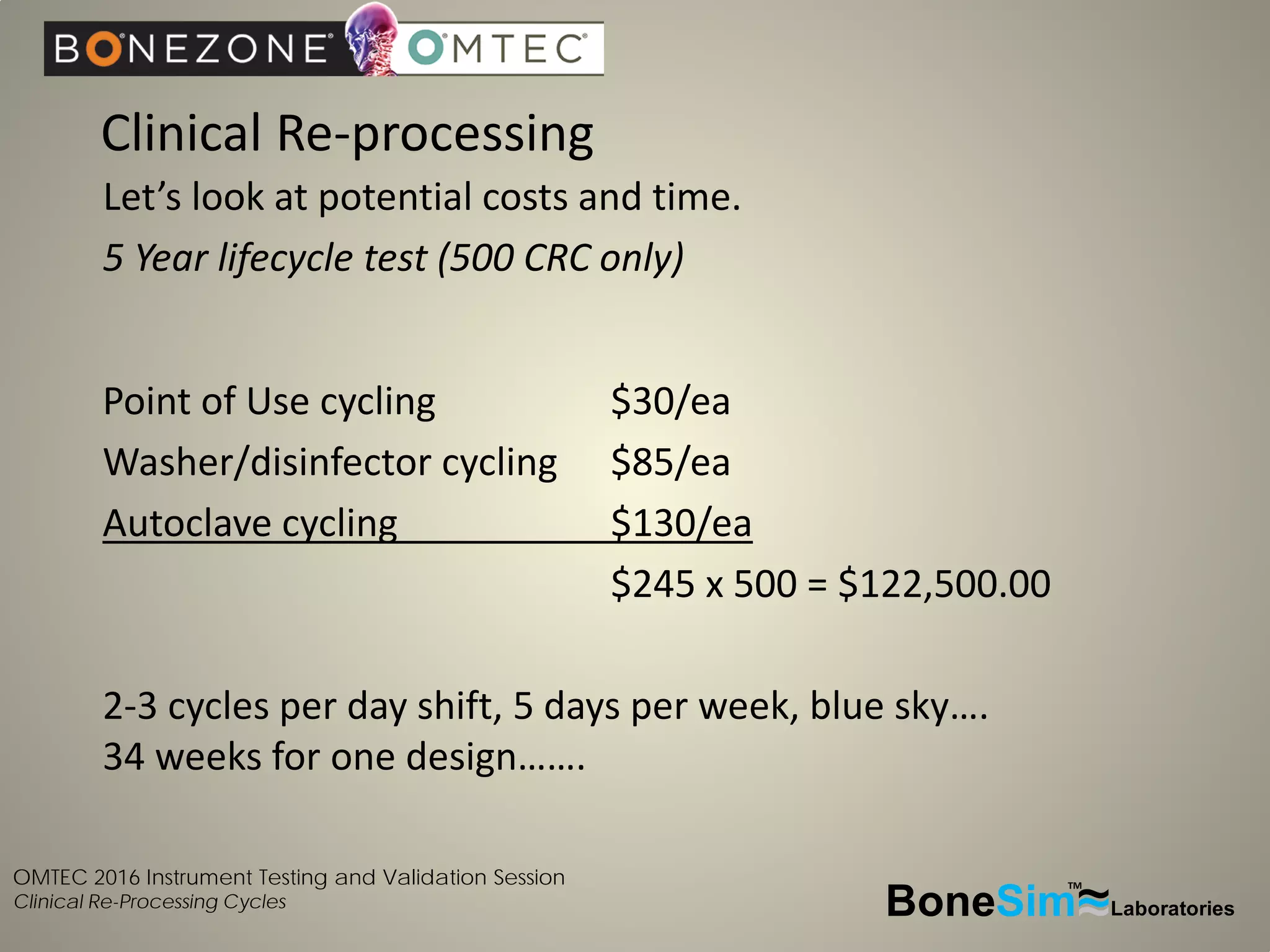 OMTEC 2016 Instrument Testing and Validation Session
Clinical Re-Processing Cycles
Clinical Re-processing
BoneSim Laboratories~~~
TM
Let’s look at potential costs and time.
5 Year lifecycle test (500 CRC only)
Point of Use cycling $30/ea
Washer/disinfector cycling $85/ea
Autoclave cycling $130/ea
$245 x 500 = $122,500.00
2-3 cycles per day shift, 5 days per week, blue sky….
34 weeks for one design…….
 