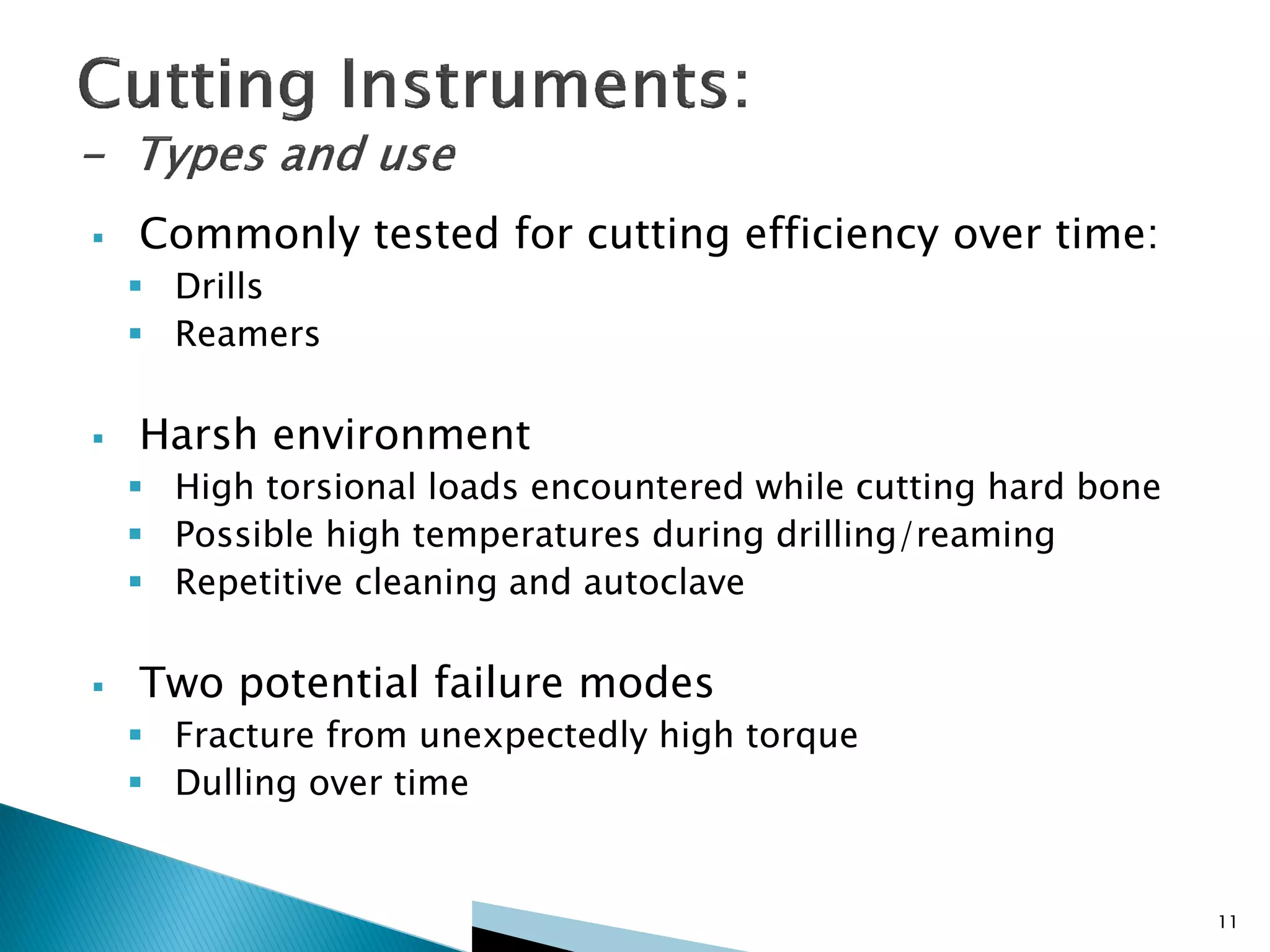11
 Commonly tested for cutting efficiency over time:
 Drills
 Reamers
 Harsh environment
 High torsional loads encountered while cutting hard bone
 Possible high temperatures during drilling/reaming
 Repetitive cleaning and autoclave
 Two potential failure modes
 Fracture from unexpectedly high torque
 Dulling over time
 