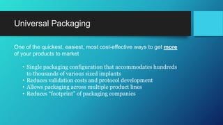 Universal Packaging
One of the quickest, easiest, most cost-effective ways to get more
of your products to market
• Single packaging configuration that accommodates hundreds
to thousands of various sized implants
• Reduces validation costs and protocol development
• Allows packaging across multiple product lines
• Reduces “footprint” of packaging companies
 
