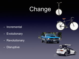 Change
• Incremental
• Evolutionary
• Revolutionary
• Disruptive
 