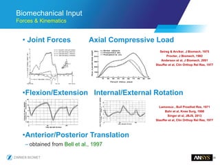 26
Biomechanical Input
Forces & Kinematics
• Joint Forces Axial Compressive Load
•Flexion/Extension Internal/External Rotation
•Anterior/Posterior Translation
– obtained from Bell et al., 1997
Seireg & Arvikar, J Biomech, 1975
Procter, J Biomech, 1982
Anderson et al, J Biomech, 2001
Stauffer et al, Clin Orthop Rel Res, 1977
Lamoreux , Bull Prosthet Res, 1971
Bahr et al, Knee Surg, 1998
Singer et al, JBJS, 2013
Stauffer et al, Clin Orthop Rel Res, 1977
 