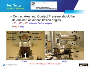 38
Test Setup
ASTM F 2665-09
– Contact Area and Contact Pressure should be
determined at various flexion angles
• 0°, ±10°, ±15° tibiotalar flexion angles
•800 N load
AP View ML View
Dharia et al, World Congress of Biomechanics, 2014
 
