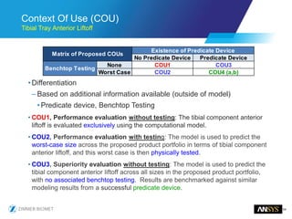 54
Context Of Use (COU)
Tibial Tray Anterior Liftoff
•Differentiation
– Based on additional information available (outside of model)
•Predicate device, Benchtop Testing
• COU1, Performance evaluation without testing: The tibial component anterior
liftoff is evaluated exclusively using the computational model.
• COU2, Performance evaluation with testing: The model is used to predict the
worst-case size across the proposed product portfolio in terms of tibial component
anterior liftoff, and this worst case is then physically tested.
• COU3, Superiority evaluation without testing: The model is used to predict the
tibial component anterior liftoff across all sizes in the proposed product portfolio,
with no associated benchtop testing. Results are benchmarked against similar
modeling results from a successful predicate device.
No Predicate Device Predicate Device
None COU1 COU3
Worst Case COU2 COU4 (a,b)
Matrix of Proposed COUs
Existence of Predicate Device
Benchtop Testing
 