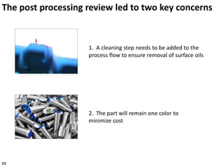 The post processing review led to two key concerns
29
1. A cleaning step needs to be added to the
process flow to ensure removal of surface oils
2. The part will remain one color to
minimize cost
 