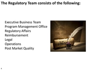 Executive Business Team
Program Management Office
Regulatory Affairs
Reimbursement
Legal
Operations
Post Market Quality
4
The Regulatory Team consists of the following:
 