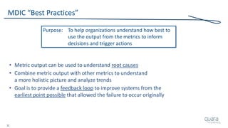 22
MDIC “Best Practices”
• Metric output can be used to understand root causes
• Combine metric output with other metrics to understand
a more holistic picture and analyze trends
• Goal is to provide a feedback loop to improve systems from the
earliest point possible that allowed the failure to occur originally
Purpose: To help organizations understand how best to
use the output from the metrics to inform
decisions and trigger actions
 
