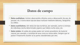 Datos de campo
• Datos cualitativos. Inclúen observacións directas como a observación do ceo, da
paisaxe, etc. A toma deste tipo de datos realízase mediante debuxos, fotografías
ou vídeos.
• Datos cuantitativos. Son datos de tipo numérico, por exemplo, contar o número
de individuos dunha determinada especie que habita nunha zona, etc.
• Datos mixtos. As saídas de campo poden ser tamén provedoras de material
natural; por exemplo, a recollida de seres vivos ou restos deles. Sempre que se
poida é importante recoller só as partes abandonadas por eles.
12
 