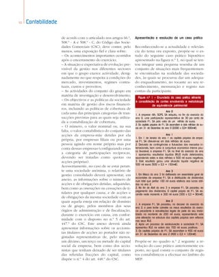 50 Contabilidade
de acordo com o articulado nos artigos 66.º,
508.º - A e 508.º - C, do Código das Socie-
dades Comerciais (CSC), deve conter, pelo
menos, uma exposição fiel e clara sobre:
– Os acontecimentos importantes ocorridos
após o encerramento do exercício;
– A situação e expectativa de evolução pre-
visível da gestão nos diferentes sectores
em que o grupo exerce actividade, desig-
nadamente no que respeita a condições do
mercado, investimentos, regimes contra-
tuais, custos e proveitos;
– As actividades do conjunto do grupo em
matéria de investigação e desenvolvimento;
– Os objectivos e as políticas da sociedade
em matéria de gestão dos riscos financei-
ros, incluindo as políticas de cobertura de
cada uma das principais categorias de tran-
sacções previstas para as quais seja utiliza-
da a contabilização de cobertura;
– O número, o valor nominal ou, na sua
falta, o valor contabilístico do conjunto das
acções da empresa-mãe detidas por ela
própria, por empresas filiais ou por uma
pessoa agindo em nome próprio mas por
conta dessas empresas (configurando estas
a categoria de participações recíprocas,
devendo ser tratadas como quotas ou
acções próprias).
Acessoriamente, no caso de se estar peran-
te uma sociedade anónima, o relatório de
gestão consolidado deverá apresentar, em
anexo, as informações sobre o número de
acções e de obrigações detidas, adquiridas,
bem como as onerações ou cessações de ti-
tulares por qualquer causa, e de acções e
de obrigações da mesma sociedade com as
quais aquela esteja em relação de domínio
ou de grupo, pelos membros dos seus
órgãos de administração e de fiscalização,
durante o exercício em causa, em confor-
midade com o disposto no n.º 5 do art.
447.º do CSC. Este anexo deverá ainda
apresentar informações sobre os accionis-
tas titulares de acções ao portador não re-
gistadas representativas de, pelo menos,
um décimo, um terço ou metade do capital
social da empresa, bem como dos accio-
nistas que tenham deixado de ser titulares
das referidas fracções do capital, como
dispõe o n.º 4 do art. 448.º do CSC.
Apresentação e resolução de um caso prático
Reconhecendo-se a actualidade e relevân-
cia do tema ora exposto, propõe-se o es-
tudo do seguinte caso prático hipotético
apresentado na figura n.º 1, no qual se ten-
tou integrar uma pequena resenha de um
conjunto de situações mais frequentemen-
te encontradas na realidade das socieda-
des, às quais se procurou dar um adequa-
do enquadramento, no tocante ao seu re-
conhecimento, mensuração e registo nas
contas da participante.
Figura n.º 1 – Enunciado do caso prático atinente
à consolidação de contas envolvendo a metodologia
da equivalência patrimonial
Propõe-se no quadro n.º 2 seguinte a re-
solução do caso prático anteriormente ex-
posto, no qual consta o conjunto de regis-
tos contabilísticos a efectuar no âmbito do
MEP.
Ano 0
1. A empresa «M», SGPS, SA adquiriu, no fim do exercício do
ano 0, uma participação representativa de 30 por cento da
sociedade F1, SA pelo valor de um milhão de euros.
2. Os capitais próprios de F1, SA ascendiam a dois milhões de eu-
ros em 31 de Dezembro do ano 0 (2.000 x 0,3= 600m€).
Ano 1
1. Em 1 de Janeiro do ano 1 os capitais próprios da empre-
sa F1, SA cifravam-se em dois milhões de euros.
2. Derivado às contingências e flutuações dos mercados in-
ternacionais, bem como à conjuntura económica interna pou-
co favorável, a empresa F1, SA no final do exercício do ano
1 apresentou resultados líquidos (RLE) muito deteriorados,
ascendendo estes a dois milhões e 500 mil euros negativos.
3. Este resultado gerou uma situação líquida negativa de
500 mil euros (500 x 0,3 = 150m€).
Ano 3
1. Em Março do ano 3 foi deliberado em assembleia geral de
accionistas da empresa F1, SA a distribuição de dividendos
num total que perfaz 100 mil euros relativos aos lucros obti-
dos no ano 2.
2. No fim de Abril do ano 3 a empresa F1, SA procedeu ao
pagamento dos dividendos. O capital próprio de F1, SA as-
cendia neste momento a 300 mil euros (300 x 0,3 = 90m€).
Ano 2
1. A empresa F1, SA procedeu, no decorrer do exercício do
ano 2, e para tentar colmatar os maus resultados do exercí-
cio precedente a reavaliações legais de parte do seu imobi-
lizado no montante de 200 mil euros, representando esta
uma alteração na estrutura dos capitais próprios sem reflexos
nos seus RLE.
2. Após um processo de reestruturação a sociedade F1, SA
apresentou RLE na ordem dos 700 mil euros positivos.
3. Os capitais próprios de F1, SA ascendiam a 400 mil euros
em 31 de Dezembro do ano 2 (400 x 0,3 = 120m€).
44a52 contabilidade 2/6/06 4:28 PM Page 50
 