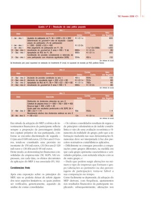 51TOC Fevereiro 2006 #71
Em virtude da adopção do MEP a rubrica de in-
vestimentos financeiros da participante reflecte
sempre a proporção da percentagem detida
nos capitais próprios da sua participada, con-
forme se encontra discriminado de seguida –
(1-Jan-ano1) 600 mil euros, (31-Dez-ano1) 0 eu-
ros, tendo-se constituído uma provisão no
montante de 150 mil euros, (31-Dez-ano2) 120
mil euros e (30-Abr-ano3) 90 mil euros.
Deste modo, as demonstrações financeiras con-
solidadas da empresa-mãe (M, SGPS, SA) ex-
pressam, em cada data, os efeitos decorrentes
da aplicação do MEP à sua associada (F1, SA).
Considerações finais
Após esta exposição sobre os princípios do
MEP, não se poderia deixar de referir alguns
dos seus aspectos limitativos, os quais podem
ser verificados, genericamente, aquando da
análise de contas consolidadas:
– Os valores consolidados resultam de regras e
de princípios valorimétricos de índole contabi-
lística e não de uma avaliação económica e fi-
nanceira da realidade do grupo, pelo que a in-
formação traduzida nas suas demonstrações fi-
nanceiras deve ser interpretada à luz dos pre-
ceitos normativos contabilísticos aplicados;
– Dificilmente se consegue proceder a compa-
rações entre grupos diferentes, na medida em
que cada grupo apresenta características e acti-
vidades próprias, com reduzida relação com as
de outro grupo; e
– Dado que podem surgir alterações no nú-
mero e tipo de empresas que formam o gru-
po (alterações ao perímetro ou das percen-
tagens de participação), torna-se falível a
sua comparação no tempo.
Como facilmente se depreende, da adopção do
MEP derivam, com frequência, ajustamentos
nos resultados financeiros da participante im-
plicando, subsequentemente, alterações nos
1 - Jan - Ano 1
1 - Jan - Ano 1
1 - Jan - Ano 1
31 - Dez - Ano 1
31 - Dez - Ano 1
31 - Dez - Ano 1
Data
Aquisição da participação de F1, SA = 2.000 x 0,3 = 600
Determinação do goodwill = valor de aquisição - (capital
próprio da participada x % de participação)
= 1.000 - (2.000 x 0,3) = 400
Pelo pagamento da participação em F1, SA
Amortização do goodwill em 5 anos = 400 / 5 (a)
Apropriação do RLE de F1, SA
Constituição de provisão considerando a detenção de
uma participação com influência significativa (30%)
Descrição
Ano 1
Contas
Débito Crédito
Valor
dos Registos
411211x
411212x
682x
682x
554x
11x/12x/268x
411212x
411211x
491x
600
400
1.000
80
600
150
Quadro n.º 2 – Resolução do caso prático proposto
31 - Dez - Ano 2
31 - Dez - Ano 2
31 - Dez - Ano 2
31 - Dez - Ano 2
Data
Anulação da provisão constituída no ano 1
Afectação da reavaliação legal = 200 x 0,3 = 60
Apropriação do RLE de F1, SA = 700 x 0,3 - 150 = 60
Amortização do goodwill em 5 anos = 400 / 5
Descrição
Ano 2
Contas
Débito Crédito
Valor
dos Registos
491x
411211x
411211x
682x
554x
553x
782x
411212x
150
60
60
80
(a) Amortização pelo prazo expectável de realização do investimento (5 anos), na suposição de reversão por RLE positivos futuros.
(em milhares de euros)
(em milhares de euros)
31 - Mar - Ano 3
30 - Abr - Ano 3
Data
Distribuição de dividendos referentes ao ano 2:
Cobertura de prejuízos Anos 2 = -500 + 700 + 200 = 400
Reserva legal = 400 x 0,05 = 20
Quota parte dos resultados pentencente a M, SGPS, SA =
380 x 0,3 = 114
Recebimento efectivo dos dividendos relativos ao ano 2
= 100 x 0,3
Descrição
Ano 3
Contas
Débito Crédito
Valor
dos Registos
59x
12x
552x
411211x
114
30
(em milhares de euros)
44a52 contabilidade 2/6/06 4:28 PM Page 51
 