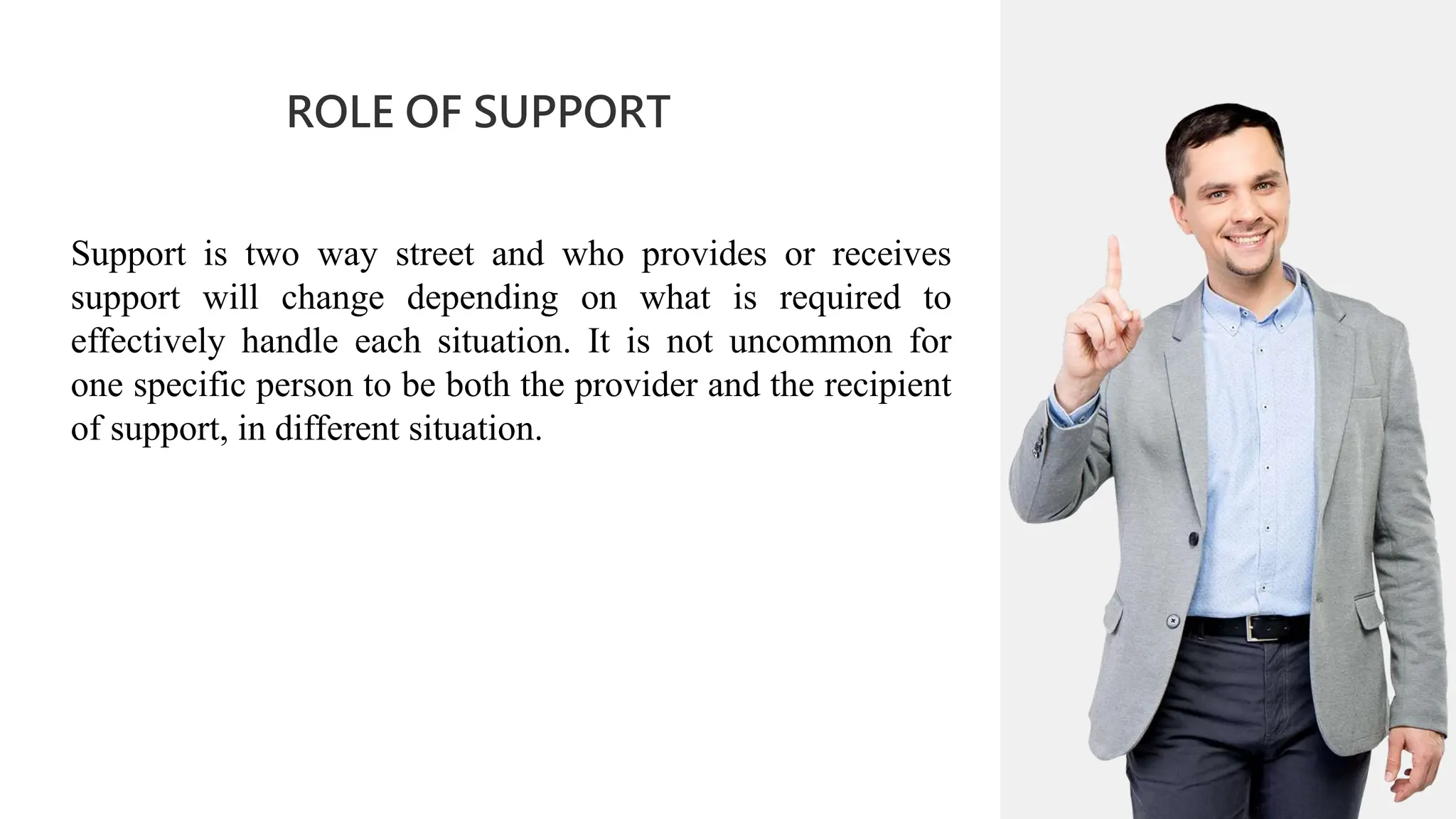 01
ROLE OF SUPPORT
02
0
04
01
02
02
03
04
Support is two way street and who provides or receives
support will change depending on what is required to
effectively handle each situation. It is not uncommon for
one specific person to be both the provider and the recipient
of support, in different situation.
 