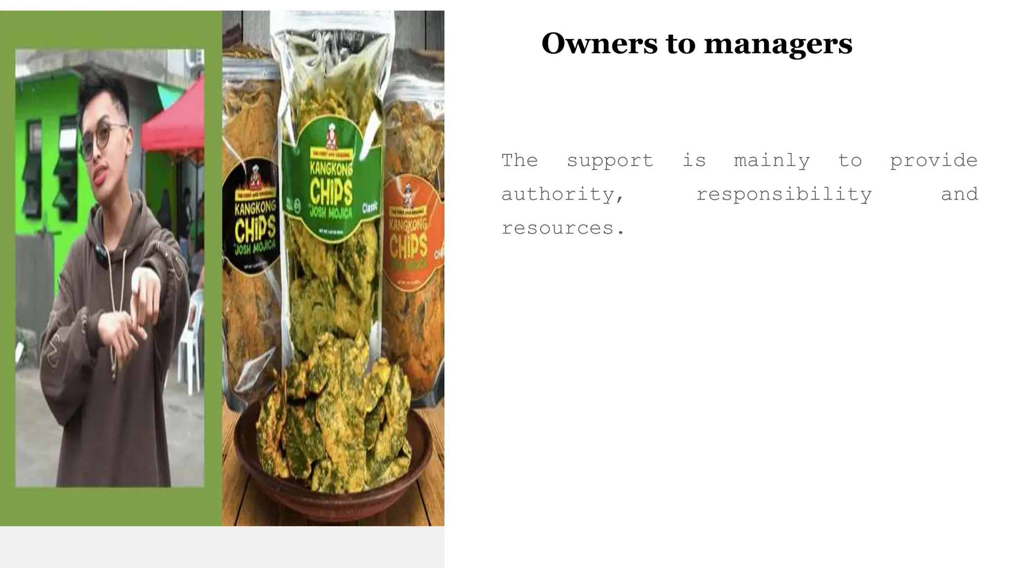 Owners to managers
The support is mainly to provide
authority, responsibility and
resources.
 