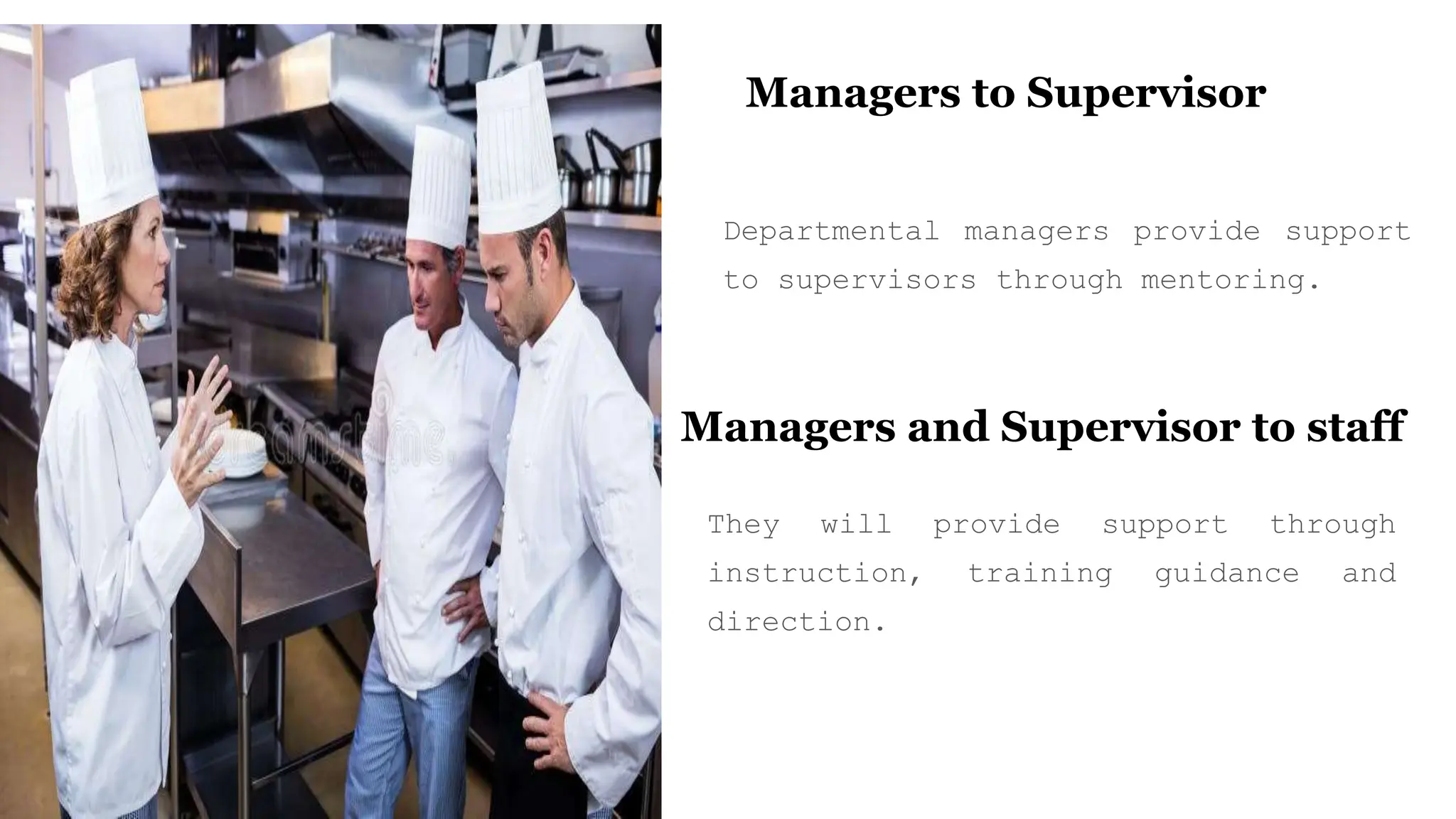 Managers to Supervisor
Departmental managers provide support
to supervisors through mentoring.
Managers and Supervisor to staff
They will provide support through
instruction, training guidance and
direction.
 