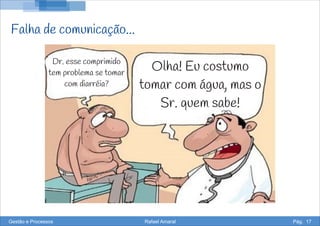 Falha de comunicação...
Dr. esse comprimido
tem problema se tomar
com diarréia?
Olha! Eu costumo
tomar com água, mas o
Sr. quem sabe!
Gestão e Processos Rafael Amaral Pág. 17
 