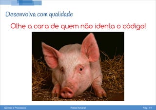 Desenvolva com qualidade
Olhe a cara de quem não identa o código!
Gestão e Processos Rafael Amaral Pág. 41
 