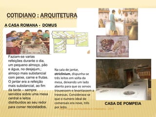 A CASA ROMANA - DOMUS
CASA DE POMPEIA
Faziam-se varias
refeições durante o dia,
um pequeno almoço, pão
e água, no desjejum,;
almoço mais substancial
com peixe, carne e frutas.
O jantar era a refeição
mais substancial, ao fim
da tarde – sempre
servidos sobre uma mesa
central e leitos
distribuídos ao seu redor
para comer recostados.
Na sala de jantar,
otriclinium, dispunha-se
três leitos em volta da
mesa, deixando um lado
aberto para que os servos
trouxessem e levantassem a
travessas. Considerava-se
que o numero ideal de
comensais era nove, três
por leito.
COTIDIANO : ARQUITETURA
FSA - Curso de Arquitetura e Urbanismo - 2015
 