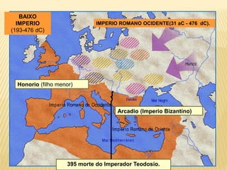 395 morte do Imperador Teodosio.
Arcadio (Imperio Bizantíno)
Honorio (filho menor)
BAIXO
IMPERIO
(193-476 dC)
IMPERIO ROMANO OCIDENTE(31 aC - 476 dC).
 