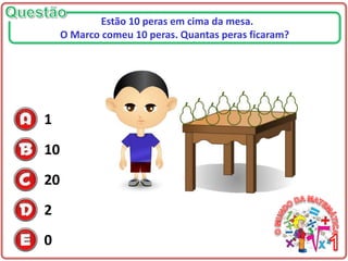 1
10
20
2
0
Estão 10 peras em cima da mesa.
O Marco comeu 10 peras. Quantas peras ficaram?
 