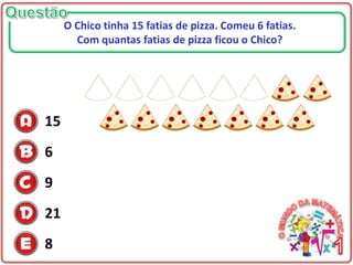15
6
9
21
8
O Chico tinha 15 fatias de pizza. Comeu 6 fatias.
Com quantas fatias de pizza ficou o Chico?
 