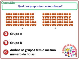 Qual dos grupos tem menos bolas?
Grupo A
Grupo B
Ambos os grupos têm o mesmo
número de bolas.
 
