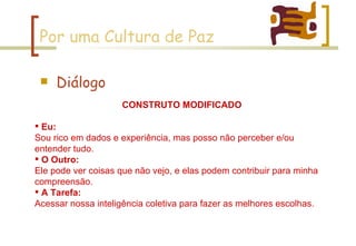 Por uma Cultura de Paz Diálogo CONSTRUTO MODIFICADO Eu: Sou rico em dados e experiência, mas posso não perceber e/ou entender tudo. O Outro: Ele pode ver coisas que não vejo, e elas podem contribuir para minha compreensão. A Tarefa: Acessar nossa inteligência coletiva para fazer as melhores escolhas. 
