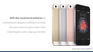 66% dos usuários brasileiros de
smartphones pegam o telefone no meio
de uma conversa para saber mais
informações sobre algo que foi dito
Fonte: http://bit.ly/2zqMOKO
 
