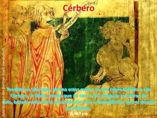 Cérberollustrationen der BerlinerEneit-HandschriftTendido na súa cova, atrona estes reinos co seu triple ladrido o can Cérbero. A Sibila, vendo que ao can se lle arrepían as cobras do colo, bótalle unha torta amasada con mel e durmideiras, que el devora  ao instante.  VI, 417 y ss