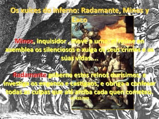 Os xuíces do inferno: Radamante, Minos y EacoMinos, inquisidor , move a urna; el reúne en asemblea os silenciosos e xulga os seus crimes e as súas vidas....Radamante goberna estes reinos durísimos, e investiga os enganos e castígaos, e obriga a confesar todas as culpas que alá arriba cada quen cometeu.VI, 432/565