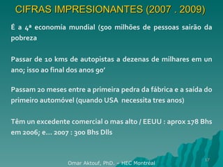 CIFRAS IMPRESIONANTES (2007 . 2009)  Omar Aktouf, PhD. – HEC Montréal É a 4ª economía mundial (500 milhões de pessoas sairão da pobreza Passar de 10 kms de autopistas a dezenas de milhares em un ano; isso ao final dos anos 90’ Passam 20 meses entre a primeira pedra da fábrica e a saída do primeiro automóvel (quando USA  necessita tres anos) Têm un excedente comercial o mas alto / EEUU : aprox 178 Bhs em 2006; e… 2007 : 300 Bhs Dlls 
