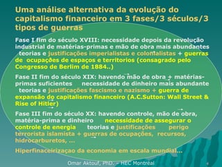 Omar Aktouf, PhD. – HEC Montréal Uma análise alternativa da evolução do capitalismo financeiro em 3 fases/3 séculos/3 tipos de guerras Fase I fim do século XVIII: necessidade depois da revolução industrial de matérias-primas e mão de obra mais abundantes  teorias e  justificações imperialistas e colonialistas  +  guerras de  ocupaçðes de espaços e territorios (consagrado pelo Congresso de Berlim de 1884..) Fase II fim do século XIX: havendo mão de obra + matérias-primas suficientes   necessidade de dinheiro mais abundante   teorias e  justificações fascismo e nazismo +  guerra de expansão do capitalismo financeiro (A.C.Sutton: Wall Street & Rise of Hitler) Fase III fim do século XX: havendo controle, mão de obra, matéria-prima e dinheiro   necessidade de assegurar o controle de energia  teorias e  justificações  perigo terrorista islamista + guerras de ocupações,  recursos, hidrocarburetos, ... Hiperfinaceirizaçao da economia em escala mundial... 