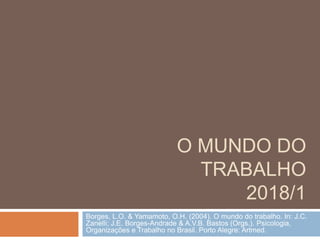 O MUNDO DO
TRABALHO
2018/1
Borges, L.O. & Yamamoto, O.H. (2004). O mundo do trabalho. In: J.C.
Zanelli; J.E. Borges-Andrade & A.V.B. Bastos (Orgs.). Psicologia,
Organizações e Trabalho no Brasil. Porto Alegre: Artmed.
 