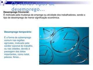 Desemprego friccional:
É motivado pela mudança de emprego ou atividade dos trabalhadores, sendo o
tipo de desemprego de menor significação econômica.
Desemprego temporário:
É a forma de subemprego
comum nas regiões
agrícolas, motivado pelo
caráter sazonal do trabalho,
ou nas cidades, devido à
passagem das datas
importantes, como natal,
páscoa, férias...
Os vários tipos de
desemprego...
 