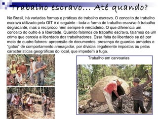 No Brasil, há variadas formas e práticas de trabalho escravo. O conceito de trabalho
escravo utilizado pela OIT é o seguinte : toda a forma de trabalho escravo é trabalho
degradante, mas o recíproco nem sempre é verdadeiro. O que diferencia um
conceito do outro é a liberdade. Quando falamos de trabalho escravo, falamos de um
crime que cerceia a liberdade dos trabalhadores. Essa falta de liberdade se dá por
meio de quatro fatores: apreensão de documentos, presença de guardas armados e
“gatos” de comportamento ameaçador, por dívidas ilegalmente impostas ou pelas
características geográficas do local, que impedem a fuga.
Trabalho escravo... Até quando?
Trabalho em carvoarias
 