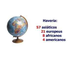 Haveria:  57  asiáticos  21  europeus  8  africanos   4  americanos 