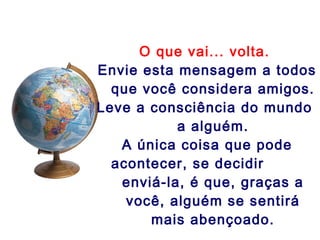 O que vai... volta.
Envie esta mensagem a todos
  que você considera amigos.
Leve a consciência do mundo
           a alguém.
   A única coisa que pode
  acontecer, se decidir
   enviá-la, é que, graças a
    você, alguém se sentirá
       mais abençoado.
 