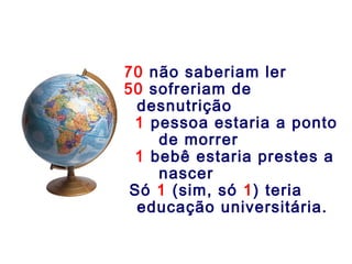 70 não saberiam ler
50 sofreriam de
  desnutrição
 1 pessoa estaria a ponto
    de morrer
 1 bebê estaria prestes a
    nascer
 Só 1 (sim, só 1) teria
  educação universitária.
 