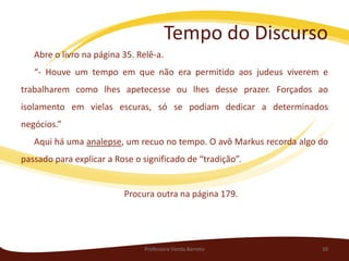Tempo do Discurso
   Abre o livro na página 35. Relê-a.
   “- Houve um tempo em que não era permitido aos judeus viverem e
trabalharem como lhes apetecesse ou lhes desse prazer. Forçados ao
isolamento em vielas escuras, só se podiam dedicar a determinados
negócios.”
   Aqui há uma analepse, um recuo no tempo. O avô Markus recorda algo do
passado para explicar a Rose o significado de “tradição”.


                          Procura outra na página 179.




                                Professora Vanda Barreto              10
 