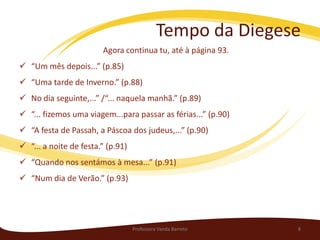 Tempo da Diegese
                        Agora continua tu, até à página 93.
 “Um mês depois...” (p.85)
 “Uma tarde de Inverno.” (p.88)
 No dia seguinte,...” /“... naquela manhã.” (p.89)
 “... fizemos uma viagem...para passar as férias...” (p.90)
 “A festa de Passah, a Páscoa dos judeus,...” (p.90)
 “... a noite de festa.” (p.91)
 “Quando nos sentámos à mesa...” (p.91)
 “Num dia de Verão.” (p.93)




                                   Professora Vanda Barreto    8
 