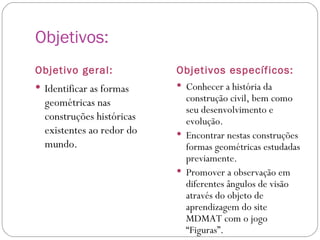 Objetivos: Objetivo geral: Objetivos específicos: Identificar as formas geométricas nas construções históricas existentes ao redor do mundo. Conhecer a história da construção civil, bem como seu desenvolvimento e evolução. Encontrar nestas construções formas geométricas estudadas previamente. Promover a observação em diferentes ângulos de visão através do objeto de aprendizagem do site MDMAT com o jogo “Figuras”. 