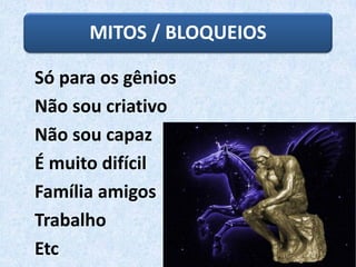 MITOS / BLOQUEIOS
Só para os gênios
Não sou criativo
Não sou capaz
É muito difícil
Família amigos
Trabalho
Etc
 