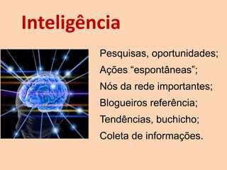Inteligência
Pesquisas, oportunidades;
Ações “espontâneas”;
Nós da rede importantes;
Blogueiros referência;
Tendências, buchicho;
Coleta de informações.
 