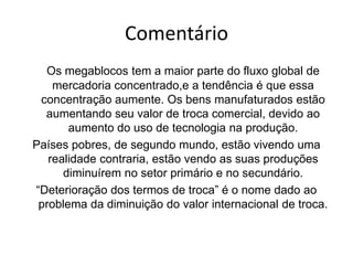 FRASE 30Desse modo, enquanto os grandes conglomerados globais,quase todos sediados em áreas territoriais dos megablocos, aumentam a sua participação no mercado global, o conjunto de países pobres extrai desse âmbito cada vez menos resultados. Algumas das consequência disso para os países pobres: competição a qualquer custo pelos investimentos gerados pelos conglomerados internacionais (muitas vezes desvantajosos para os estados que os recebem ).  Necessidade de ampliar a exploração de seus produtos primários para poder pagar por bens tecnológicos com valores cada vez mais altos. Isso resulta no maior comprometimento dos recursos naturais e do equilíbrio ecológico: aumento da exploração de minérios, aumento da destruição de florestas para a instalação de passagem e monoculturas .Comprometimento de recursos naturais e energéticos para suprir a produção de bens semi industrializados para exportação. O caso mais exemplar é o da produção de alumínio que, por exigir uma grande produção de energia, resulta em elevados custos ambientais e financeiros para o estado.  Cada vez mais o alumínio deixa de ser produzido entre os países participantes dos megablocos, eles preferem deixar os prejuízos desse setor para os países subdesenvolvidos como o BrasilSujeição política o poder econômico dos conglomerados mundiais, facilmente, traz para esses grupos o poder de controlar as opiniões e o poder político. A respeito do poder dos conglomerados mundiais, pode se dizer que, atualmente, eles tem se relacionado com o status hierárquico cada vez mais