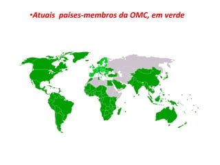 Atuais  países-membros da OMC, em verde FRASE 6A exportação e refino de petróleo durante muitos anos foi uma das atividades influentes e poderosos do mundo. A OPEP (Organização dos países exportadores de petróleo) tinha como objetivo estruturar e garantir da melhor forma possível a exploração do mineral por parte das principais nações produtoras, no qual a maioria era em países do terceiro mundo.	Com os conflitos no Oriente Médio a OPEP passou a funcionar como um cartel na intenção de valorizar o produto e pressionar o Ocidente a favor dos países árabes. Os membros da OPEP de maior produção e influência é a Arábia Saudita, Emirados Árabes, Venezuela, Irã, Iraque e Kuwait.