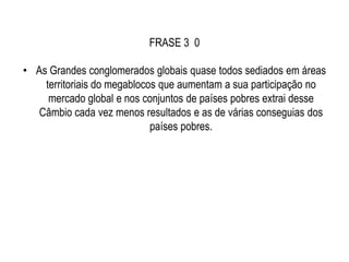 ComentárioA Disputa econômica a qualquer custo, sempre vantajosa.Comprometimento de recursos naturais e do equilíbrio ecológico para poder pagar por bens tecnológicos, assim como recursos naturais e energéticos para a exportação.Se alguma forma os conglomerados com seu poder econômico influência sistemas e pessoas,a atitude desleais.