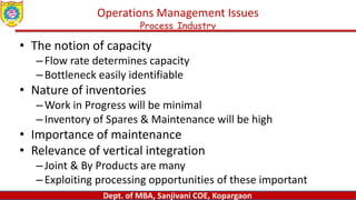 Dept. of MBA, Sanjivani COE, Kopargaon
Operations Management Issues
Process Industry
• The notion of capacity
–Flow rate determines capacity
–Bottleneck easily identifiable
• Nature of inventories
–Work in Progress will be minimal
–Inventory of Spares & Maintenance will be high
• Importance of maintenance
• Relevance of vertical integration
–Joint & By Products are many
–Exploiting processing opportunities of these important
 