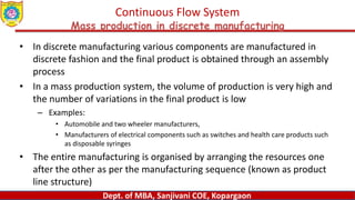 Dept. of MBA, Sanjivani COE, Kopargaon
Continuous Flow System
Mass production in discrete manufacturing
• In discrete manufacturing various components are manufactured in
discrete fashion and the final product is obtained through an assembly
process
• In a mass production system, the volume of production is very high and
the number of variations in the final product is low
– Examples:
• Automobile and two wheeler manufacturers,
• Manufacturers of electrical components such as switches and health care products such
as disposable syringes
• The entire manufacturing is organised by arranging the resources one
after the other as per the manufacturing sequence (known as product
line structure)
 
