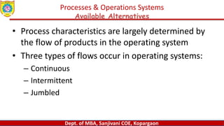 Dept. of MBA, Sanjivani COE, Kopargaon
Processes & Operations Systems
Available Alternatives
• Process characteristics are largely determined by
the flow of products in the operating system
• Three types of flows occur in operating systems:
– Continuous
– Intermittent
– Jumbled
 