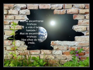 Mas se encontrares tristeza E a vida é bela também ! Mas se encontrares tristeza Nos olhos do teu irmão,